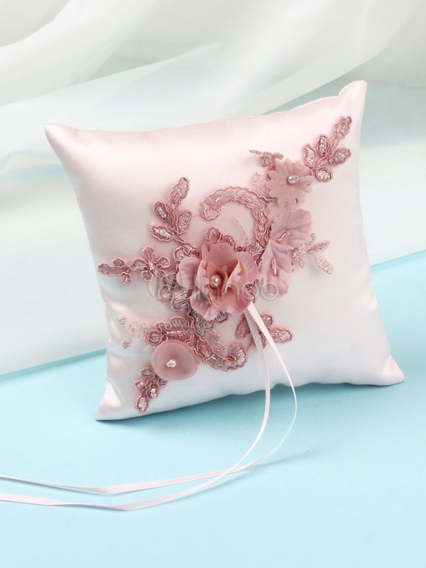 Cuscino Porta Fedi Nuziali Yhuasia | Pizzo E Perle | 15x15cm | Nastri Reggenti | Per Matrimoni