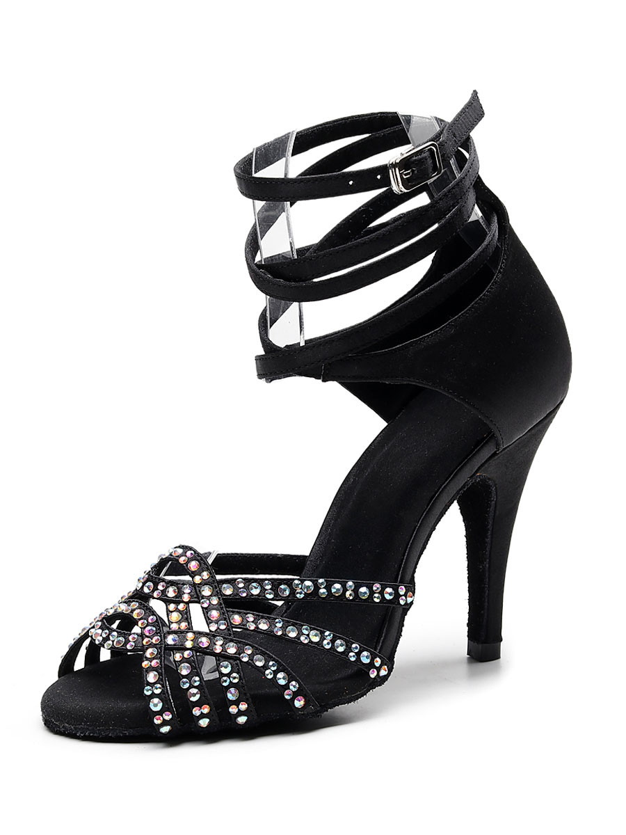 Zapatos de Fiesta | Zapatos de baile latino personalizados para mujer Zapatos de baile de salón con pedrería de punta abierta negros - PQ76307