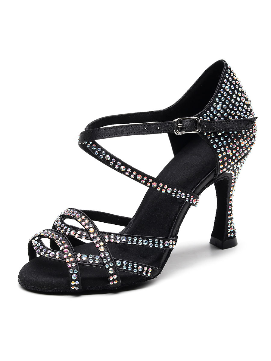 Women S Customized Latin Dance Shoes Black Open Toe Luxury Rhinestones Ballroom Dance Shoes