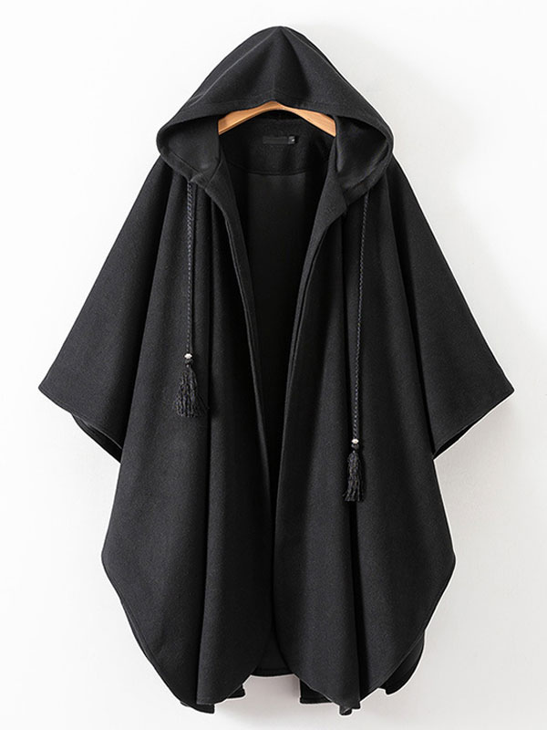 milanoo Women Poncho Hooded Black Poncho Oversized Tassels Cape