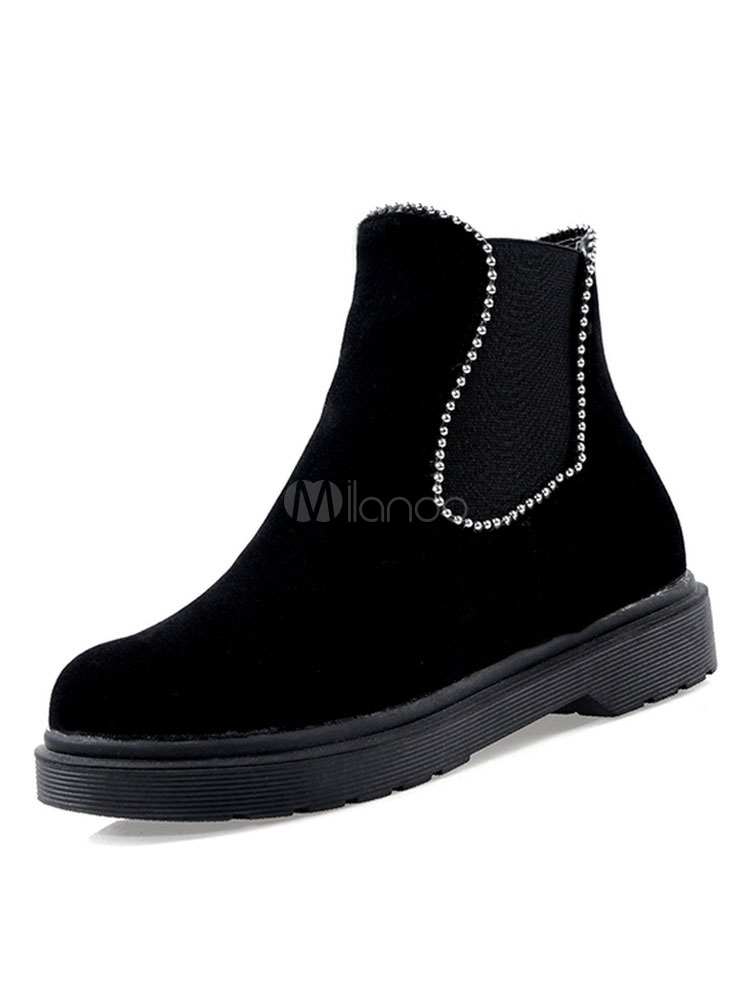 Women Ankle Boots Black Suede Round Toe Chunky Heel 1.2 Women's Black Chelsea Boots Suede Round Toe Chunky Heels
