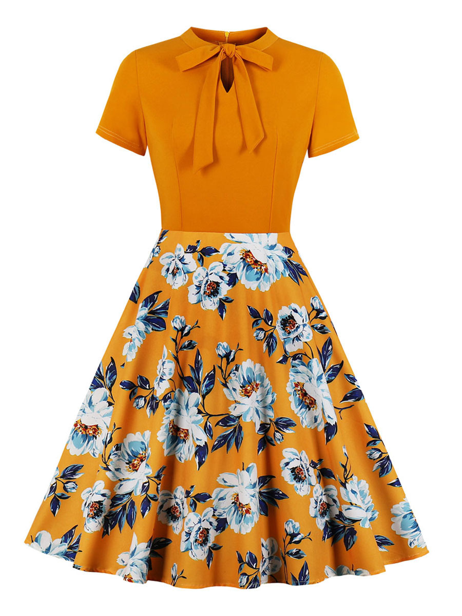 レトロワンピース 黄色い 1950年代 花柄 ヴィンテージドレス オレンジ 結び 半袖 飾り付き襟 ロカビリーワンピース Milanoo Jp