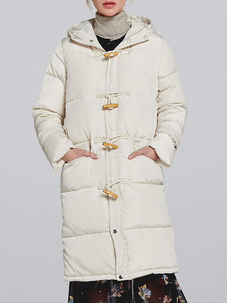 White Puffer Coats Hooded Duffle Coat Long Sleeves Women Winter Coat ...