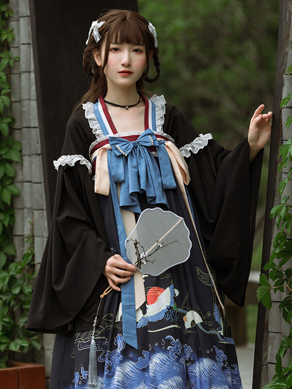 Kimono Lolita OP Dress Print Ruffle Bow Black Lolita One Piece Dress ...
