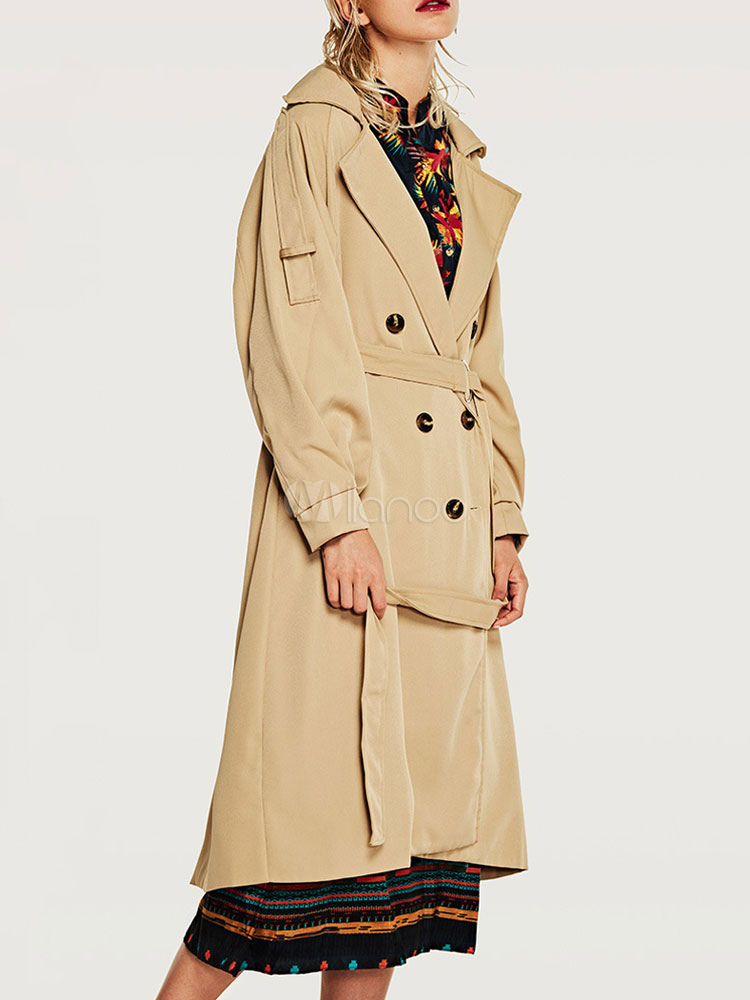 Women Trench Coat Turndown Collar Buttons Khaki Rain Coat