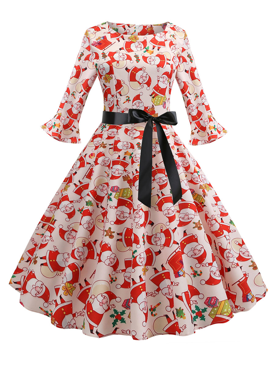 Robe vintage de Noël des années 1950 Jewel Neck Bow Sash Half Sleeve Swing Dress