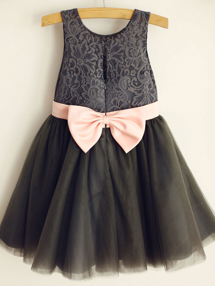 Gray Lace Tulle Wedding Flower Girl Dress With Pink Belt