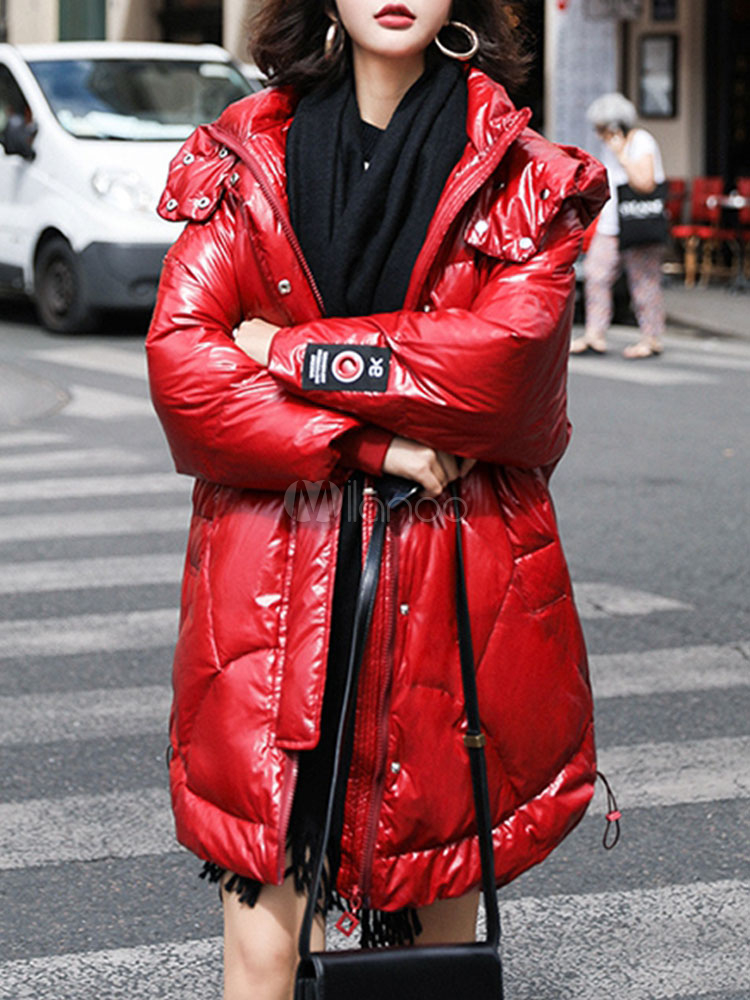 red wet look puffer jacket