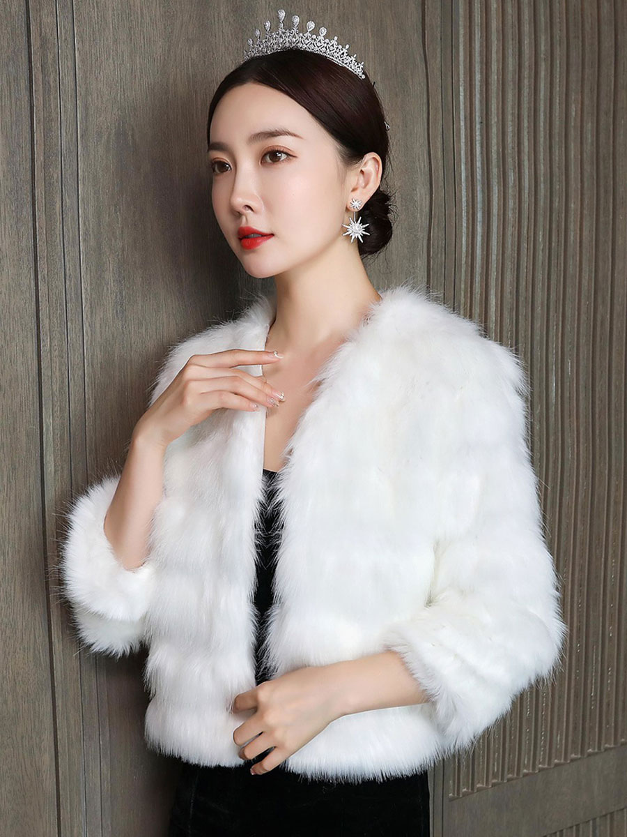 Wedding Wrap Ivory Long Sleeves Jewel Neck Accessories Faux Fur Buttons Bridal Cover Up