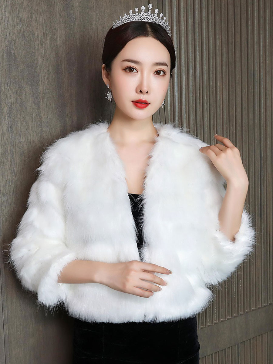 Wedding Wrap Ivory Long Sleeves Jewel Neck Accessories Faux Fur Buttons