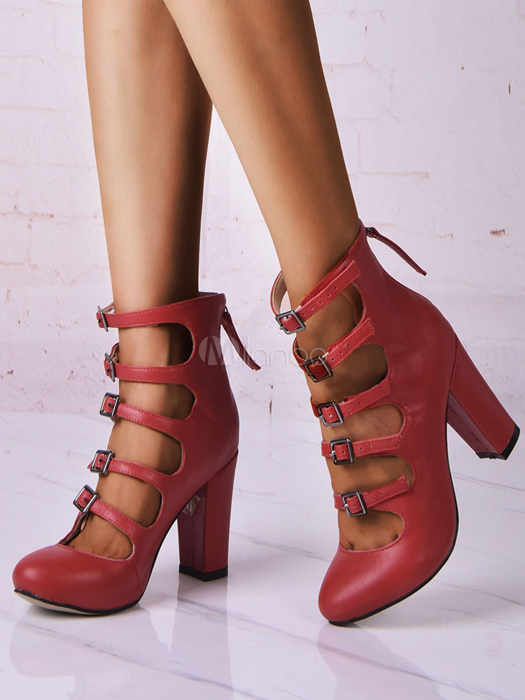 red buckle heels