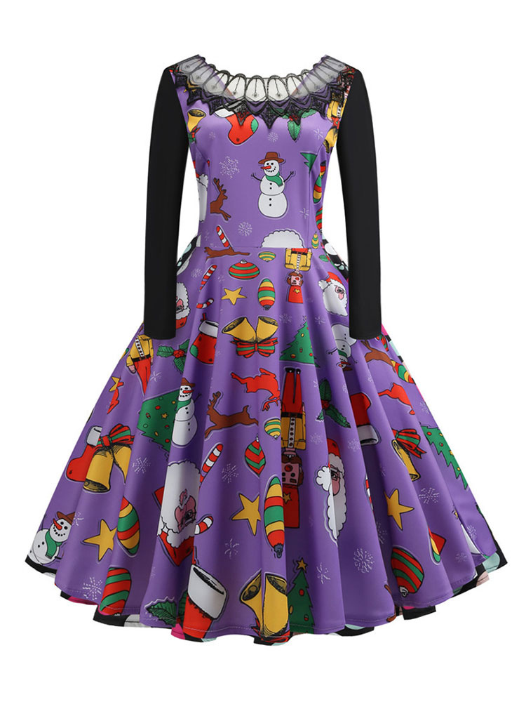 Robe vintage des années 1950 Violet modèle de Noël femme manches longues conçue robe décolleté Rockabilly