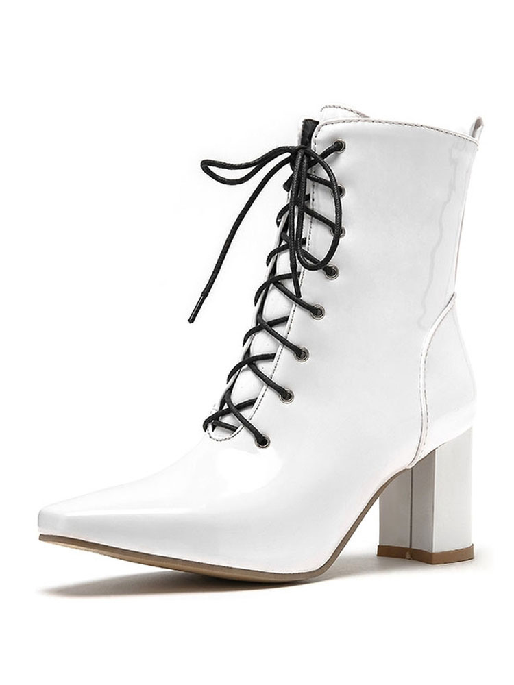white lace up booties