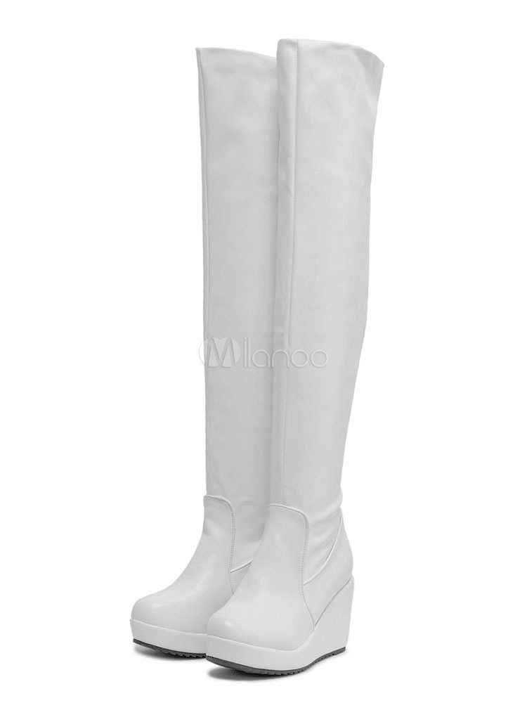 Womens Over The Knee Boots White Round Toe Wedges Winter Boots ...