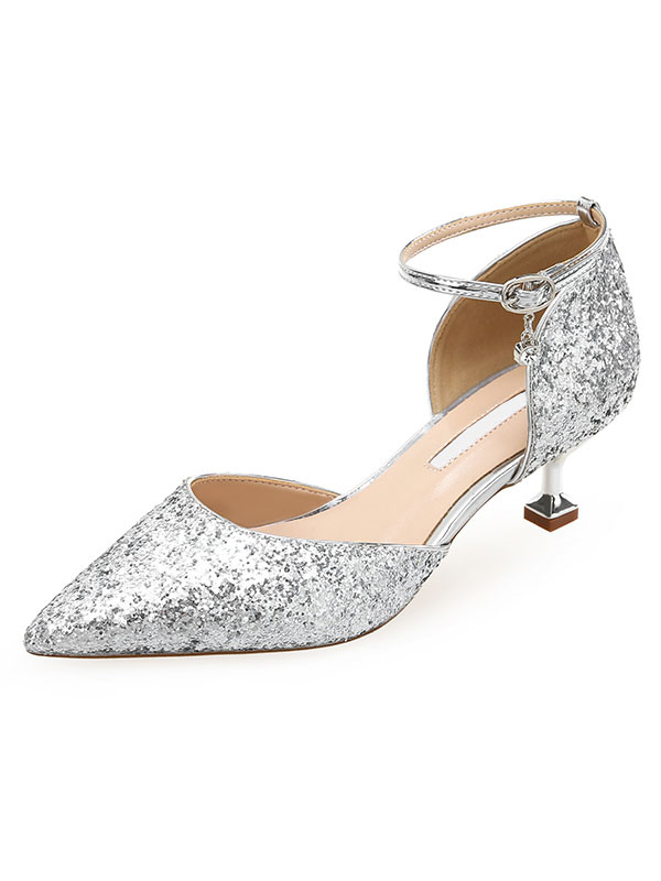 Wedding Women's Kitten Heel Pointed-toe Side Sequins Crystal Pumps Shoes LF367 