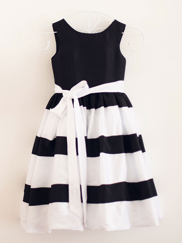 Boda Vestidos de banquete | Blanco Negro tafetán rayas longitud de la rodilla vestido de niña de las flores - LH01176