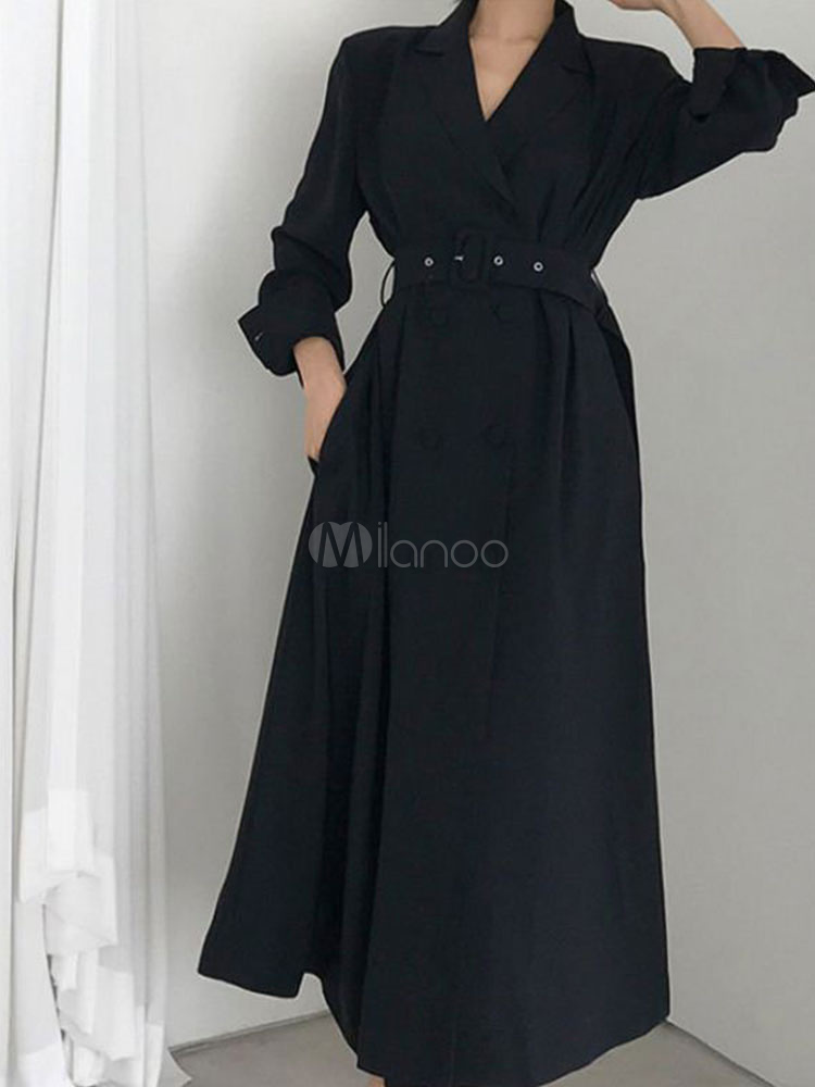 Vestidos largos Manga larga Botones de cuello descubiertos negros Vestido  de poliéster de gran tamaño hasta el suelo - Milanoo.com