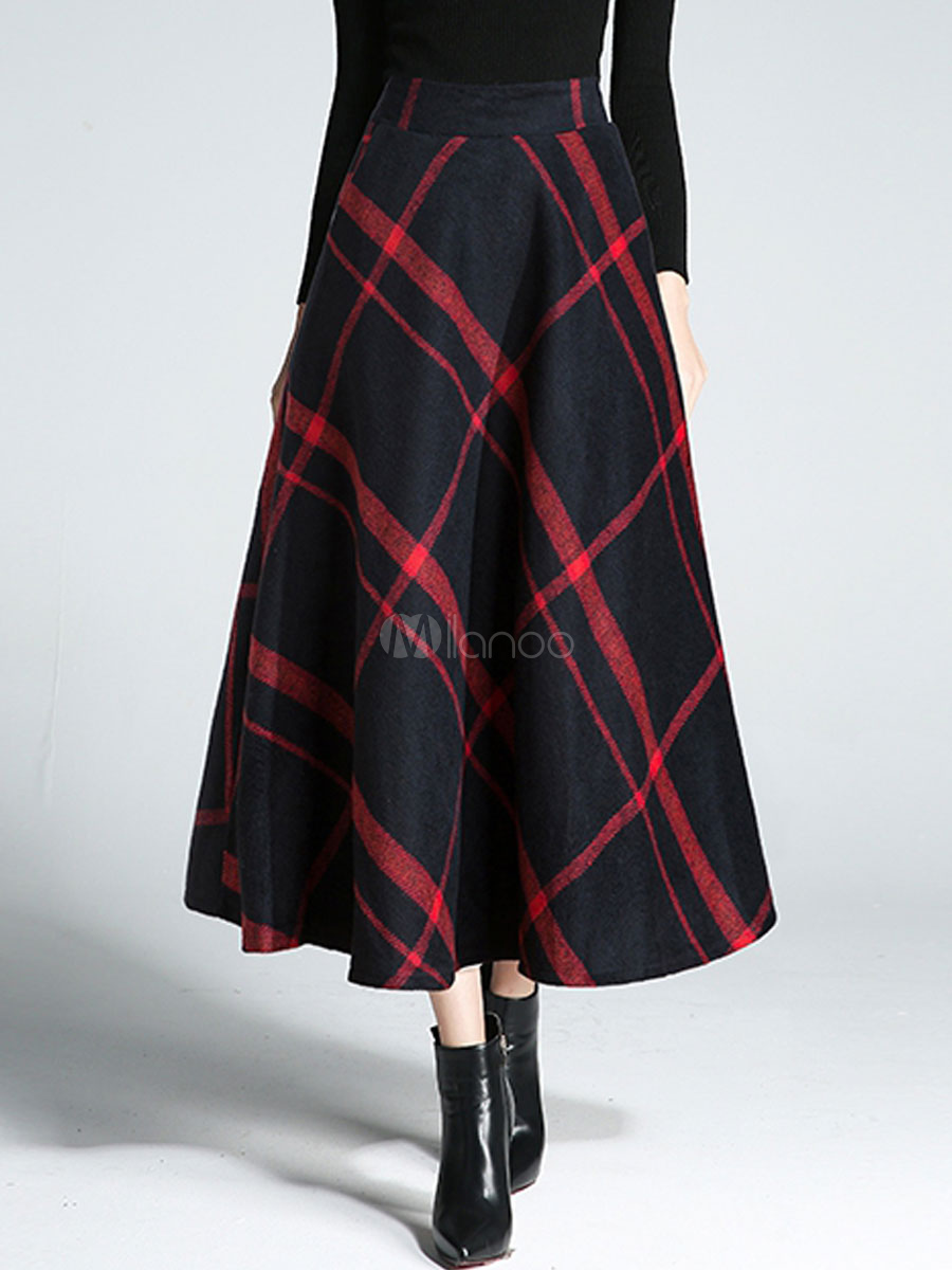 Skirt For Women Dark Navy Zipper Plaid Cotton Long Raised Waist Pretty ...
