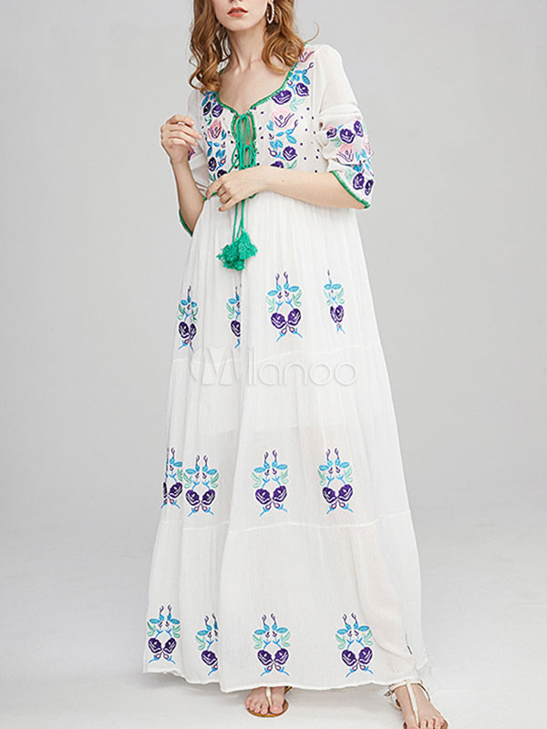 Damen Maxikleid Langarm - Baumwolle Boho Kleid Mit V-Ausschnitt Für Herbst & Frühling