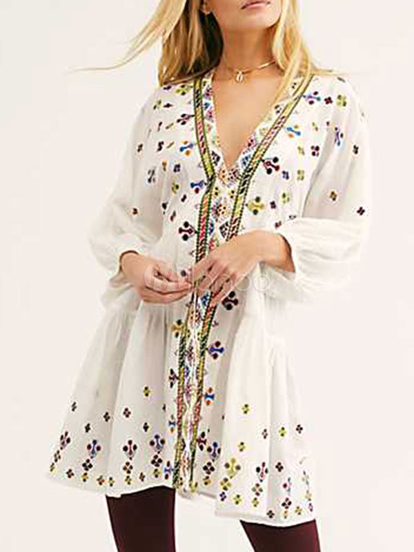 ボヘミアンワンピース ホワイト ロングワンピース 長袖 コットン ショート ミニ 刺繍 Vネック レディースファッション レディースワンピース Milanoo Jp