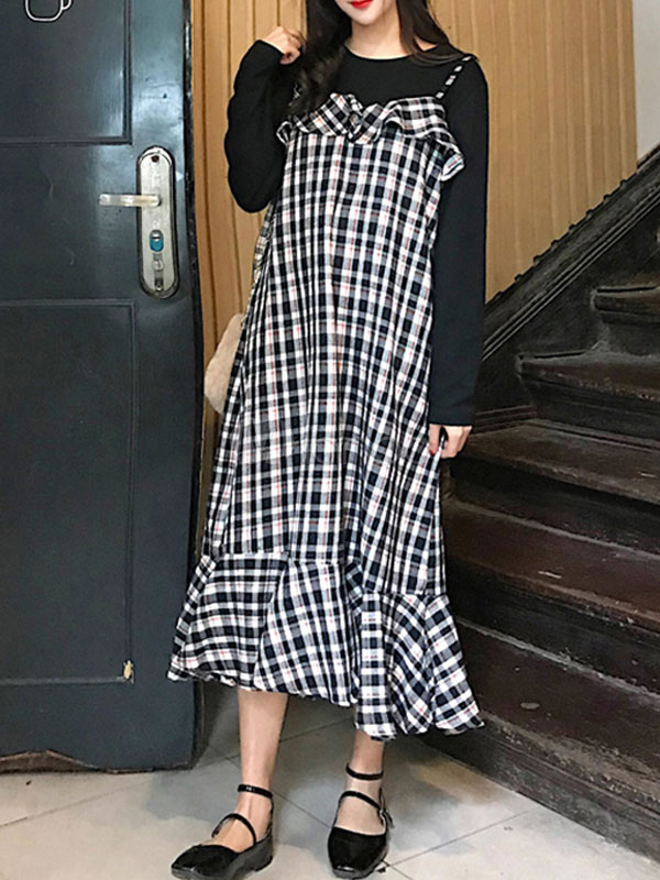 Tunika kleid Langarm Kleider lang Schwarz mit geometrischem Muster  Damenmode Polyester und Trägern für Winter und Herbst mit Schulterfrei