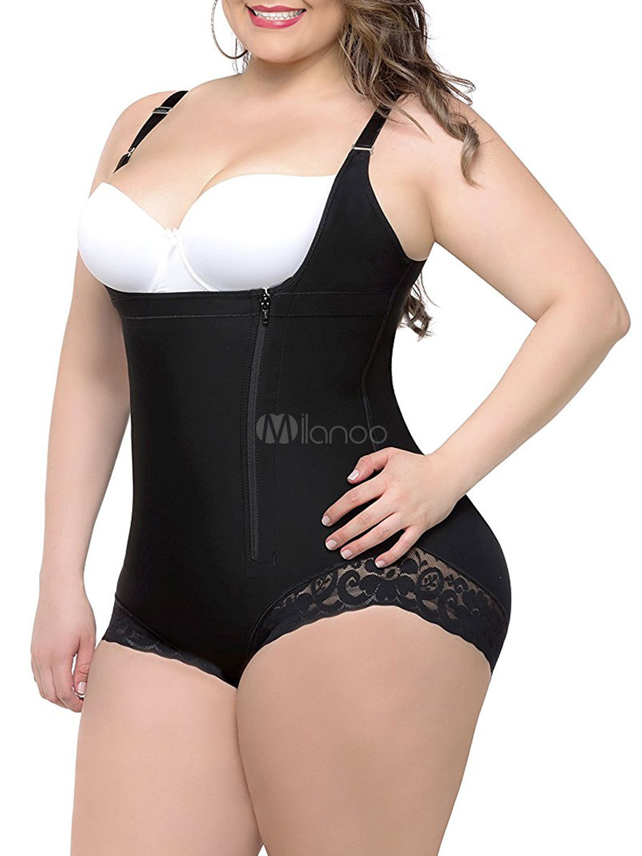 Women Shapewear Bodysuit Plus Size Tummy Control Lace Hem Open Bust Body Shaper - Milanoo.com
