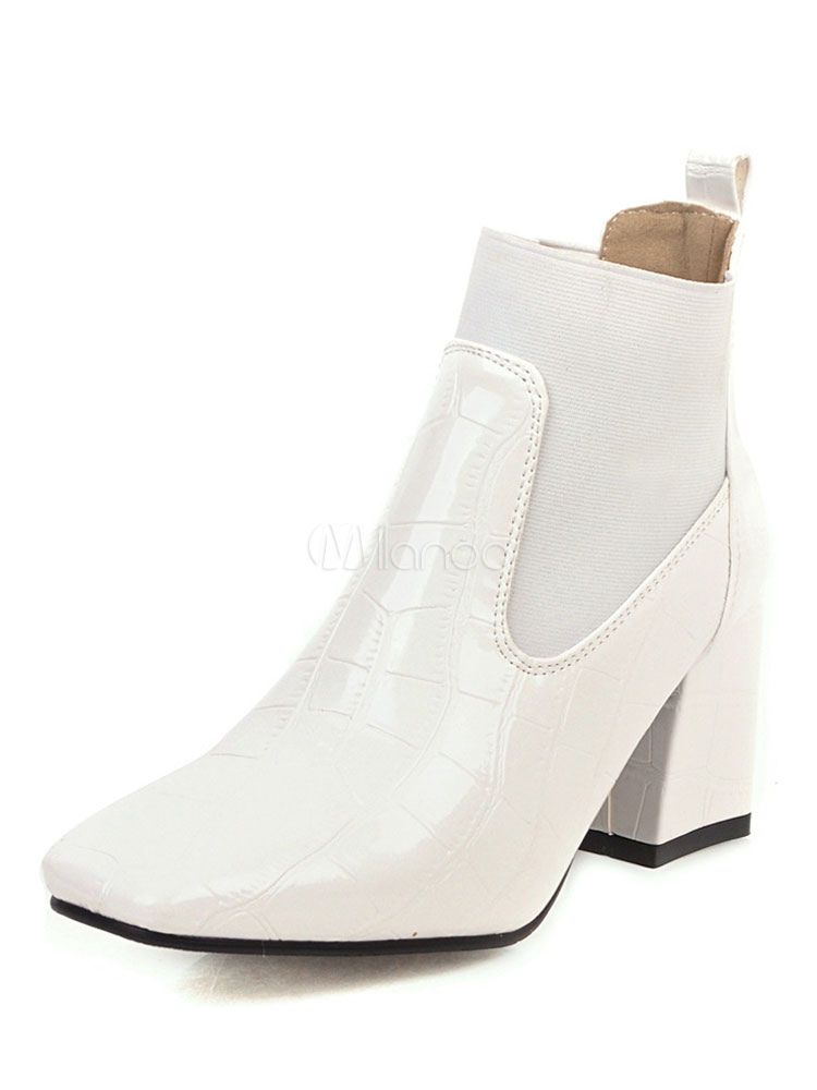 patent leather block heel booties