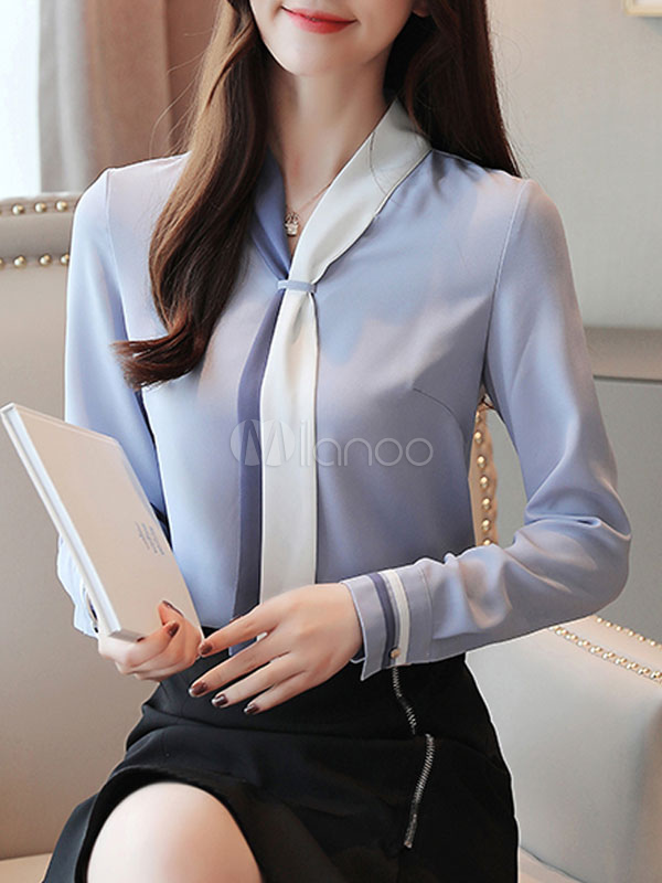 Blouse For Women Baby Blue Chiffon Embellished Collar Academic Two Tone ...