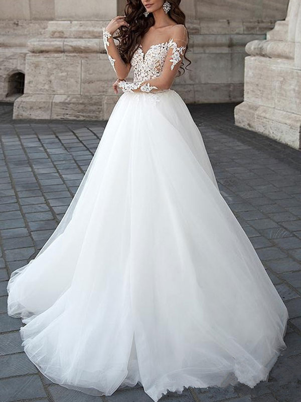 Abito Da Sposa Principessa 21 Abito Da Ballo Scollo A Cuore Maniche Lunghe Backless Pizzo Tulle Abiti Da Sposa Con Strascico Milanoo Com