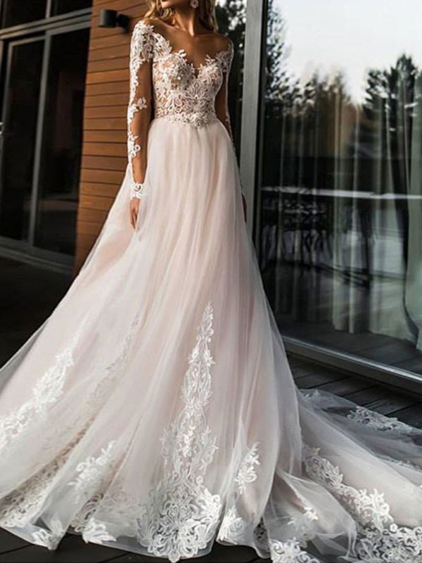 long sleeve lace a line wedding dress