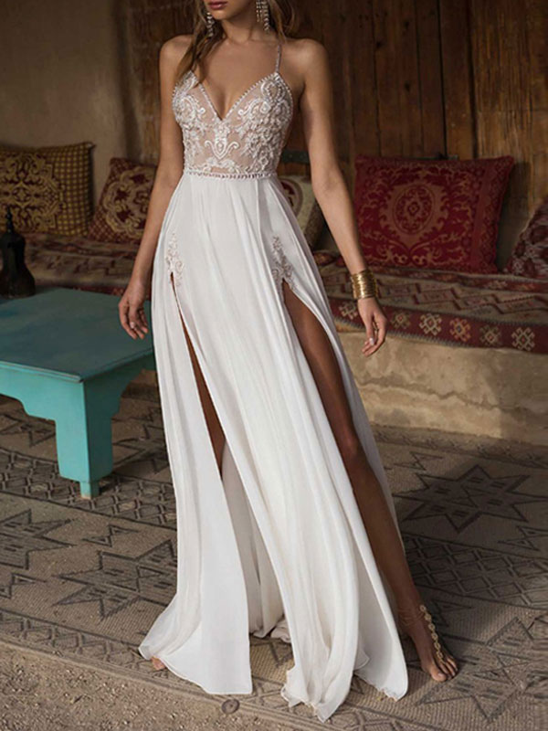 Robe de mariée Boho col en V sans manche Robe en dentelle perlé dos nu Robe de mariée à la plage