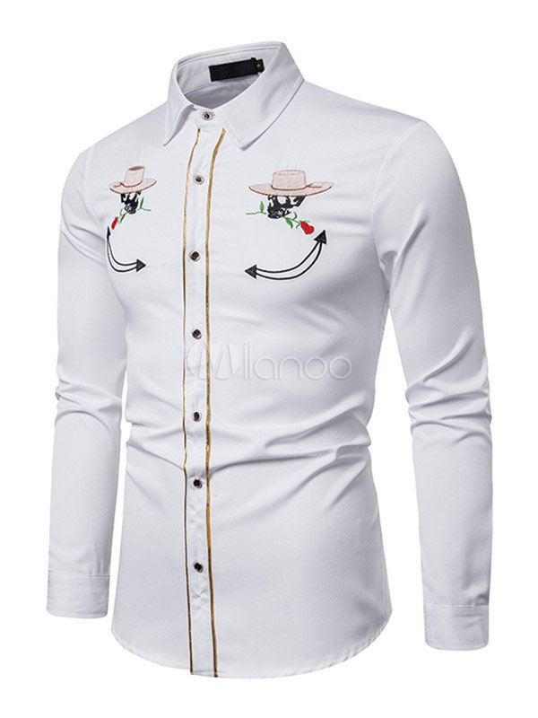 Man's Casual Shirt Turndown Collar Casual Color Block White Men's ...
