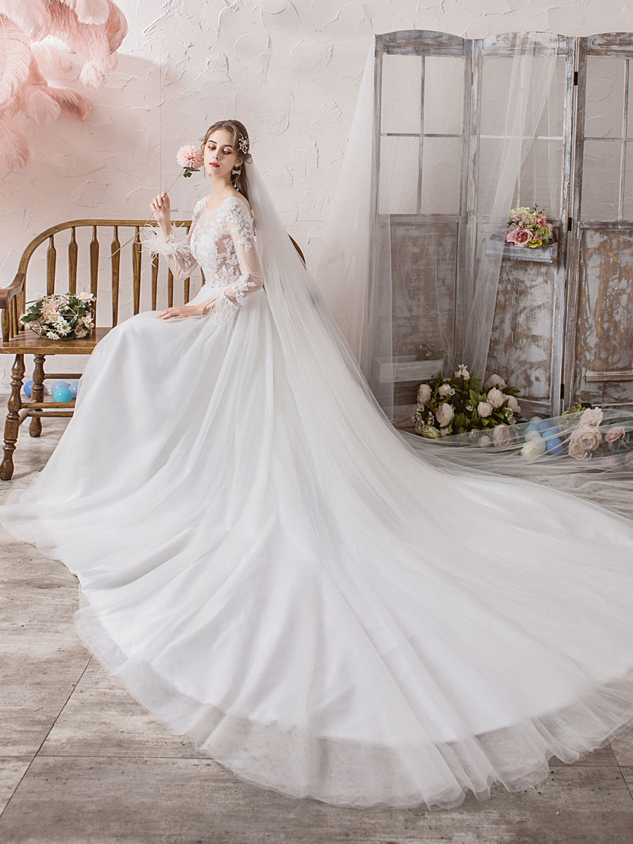 long sleeve feather wedding dress