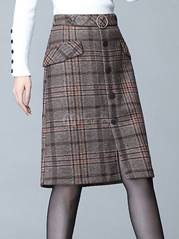 Skirt For Women Deep Brown Zipper Plaid Knee Length Raised Waist ...