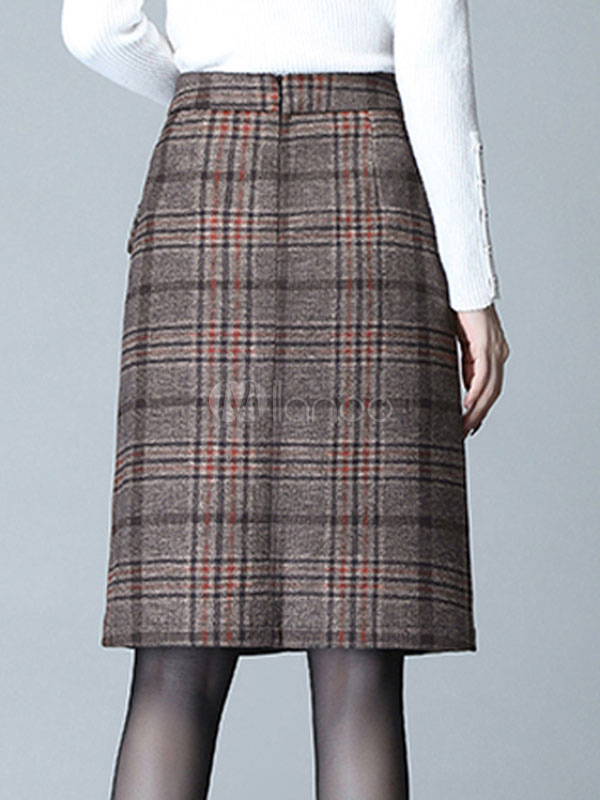 Skirt For Women Deep Brown Zipper Plaid Knee Length Raised Waist ...