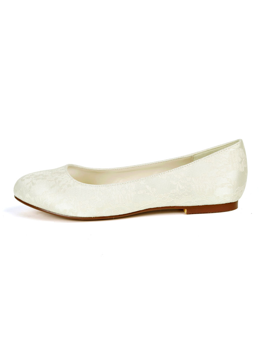 Chaussures de mariage plates pour femmes Chaussures de mariée en dentelle blanche à bout rond