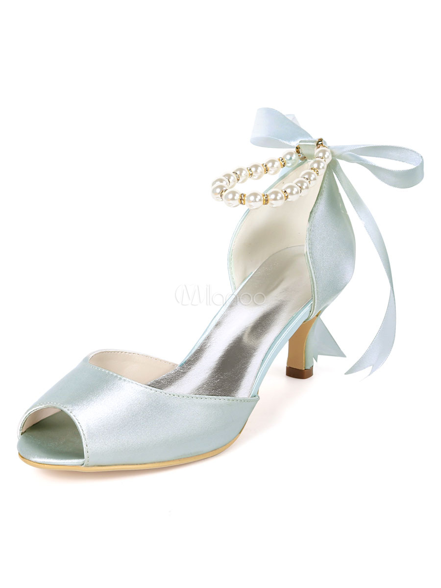 Wedding Shoes Satin Pearls Peep Toe Kitten Heel Elegant Bridal Shoes ...