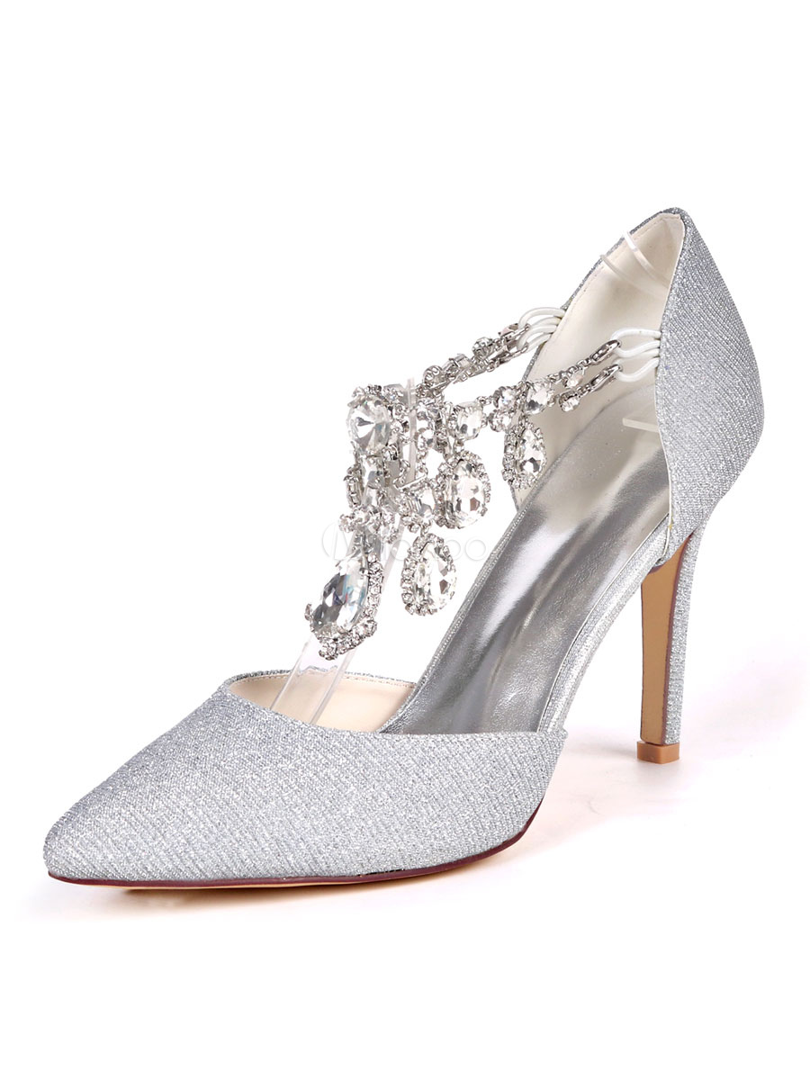 silver evening shoes with rhinestones