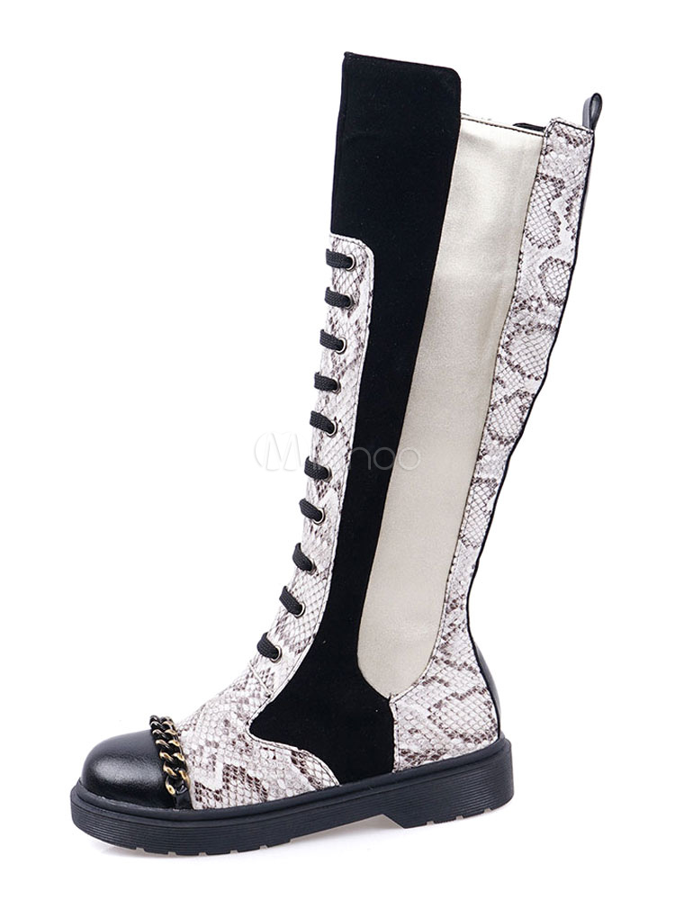 Knee-High Boots White Round Toe Chains 