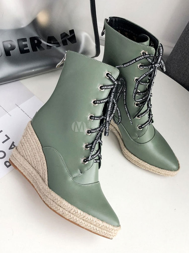 Women Ankle Boots Espadrilles Wedges Heel Lace Up Green Pointed Toe 3 1 Winter Boots Milanoo Com