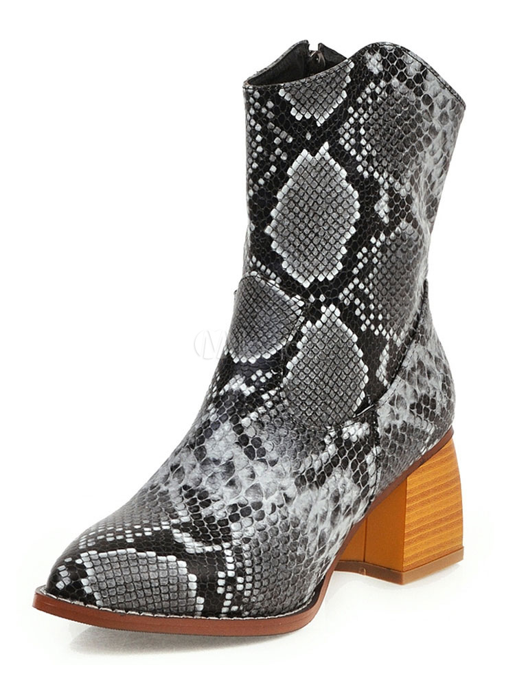 snake print low heel boots