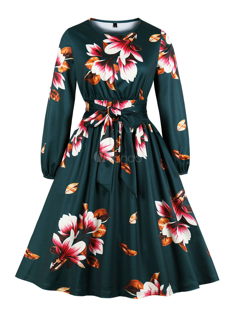 Vintage Dress Womens Floral Print Jewel ...