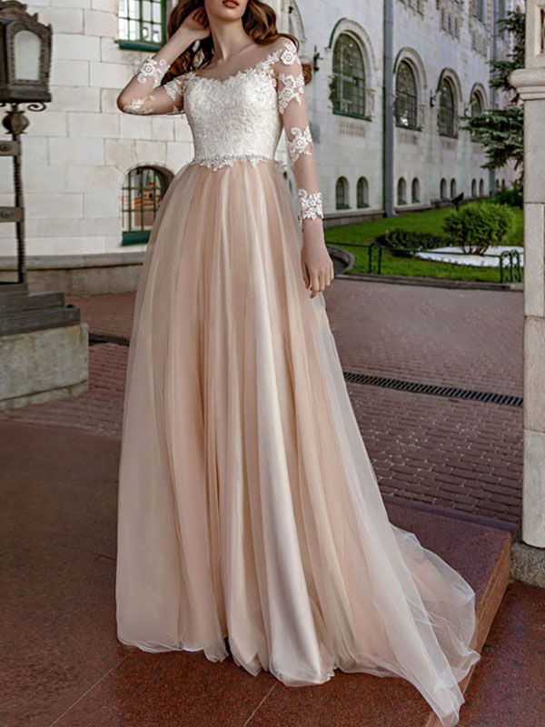 simple wedding dress 2021 a line v neck long sleeve lace applique tulle  bridal gowns beach wedding dresses - Milanoo.com