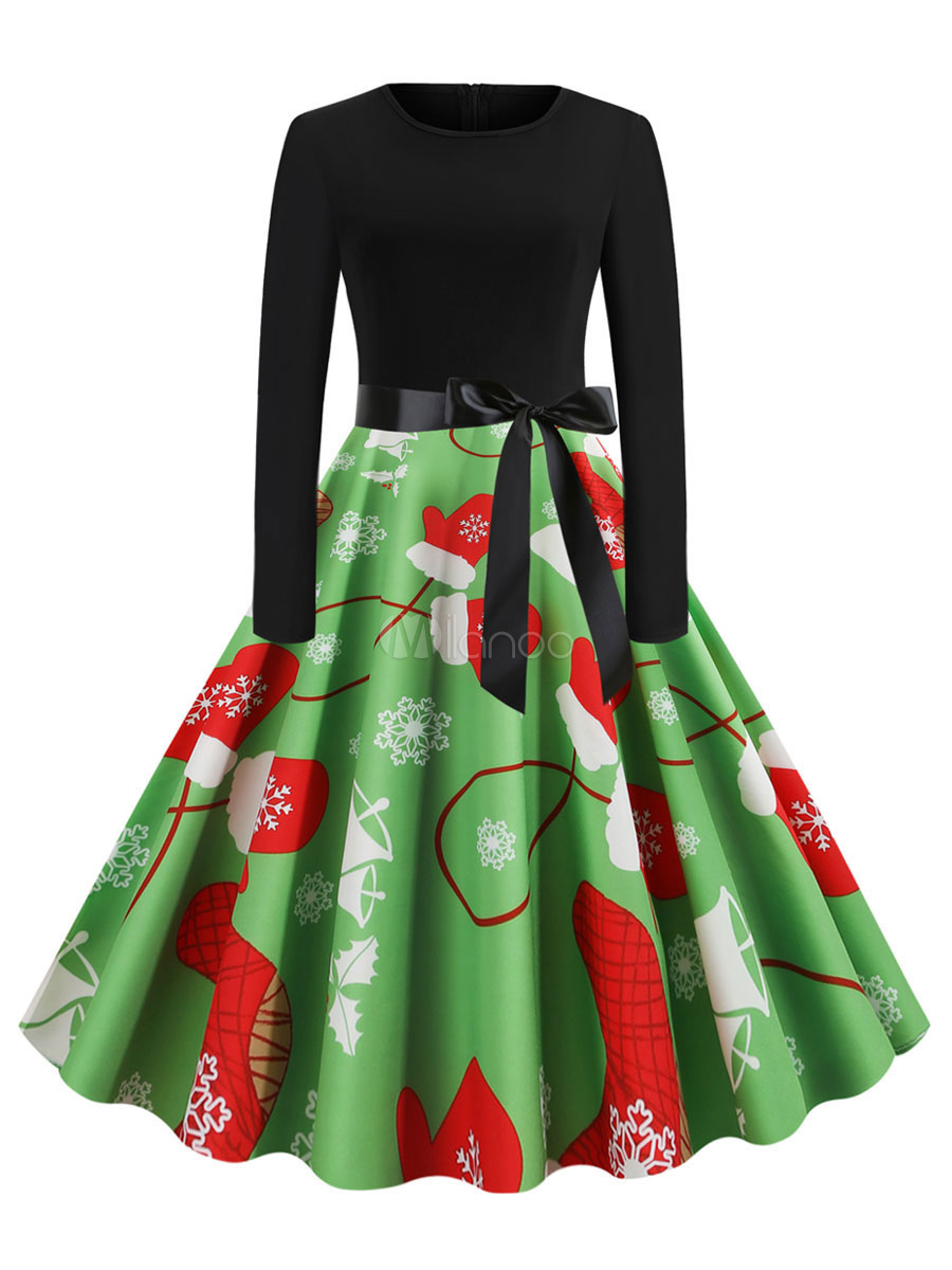 Vintage Dress Womens Christmas Pattern Bowknot Jewel Neck Long Sleeve ...