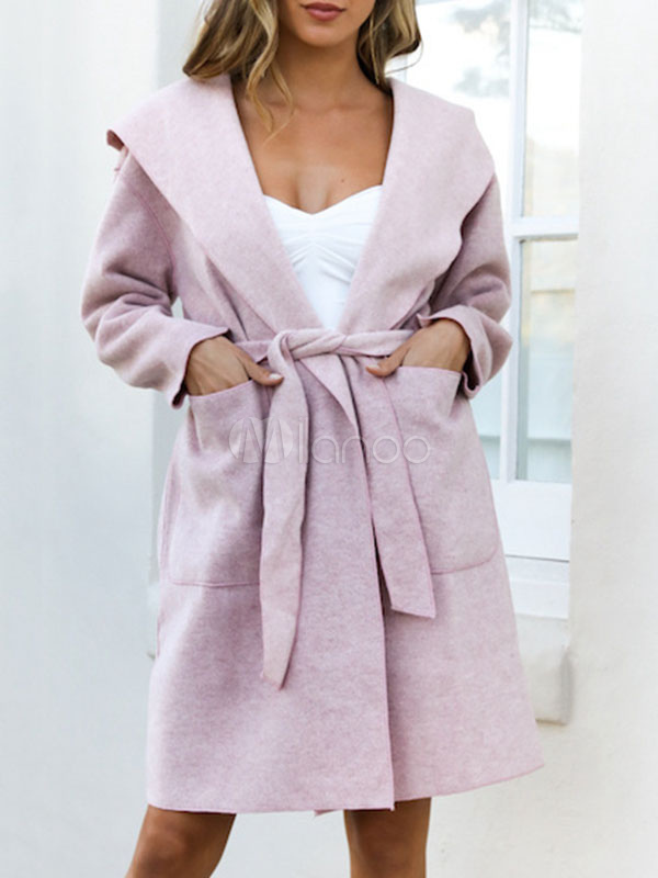 Pink Winter Coat Hooded Long Sleeves Wrap Coat For Women - Milanoo.com