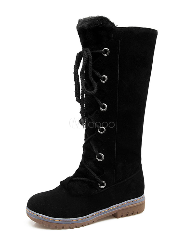 Womens Winter Mid Calf Boots Round Toe Flat Boots - Milanoo.com