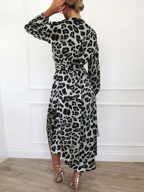 Leopard Print Maxi Dresses Long Sleeves V Neck Wrap Dress - Milanoo.com