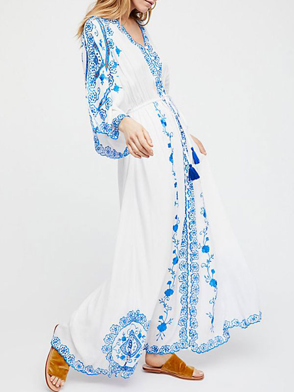 Women's Clothing Dresses | Boho Maxi Dress V Neck Long Sleeves Embroidered Summer Dress - RD03590