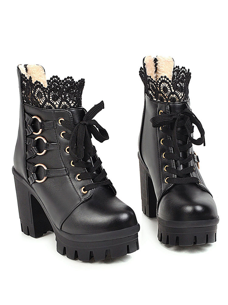 Costumes Lolita | Sweet Lolita Boots Black Lace Round Toe Leather Chunky Heel Lolita Footwear - SU12637