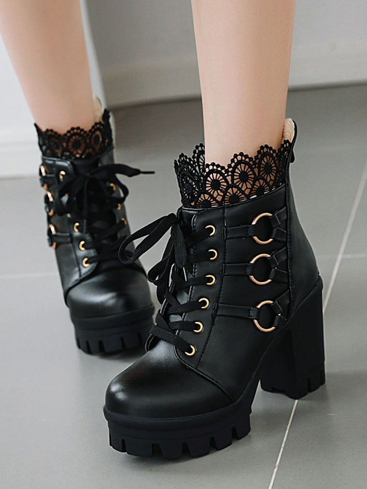 Costumes Lolita | Sweet Lolita Boots Black Lace Round Toe Leather Chunky Heel Lolita Footwear - SU12637